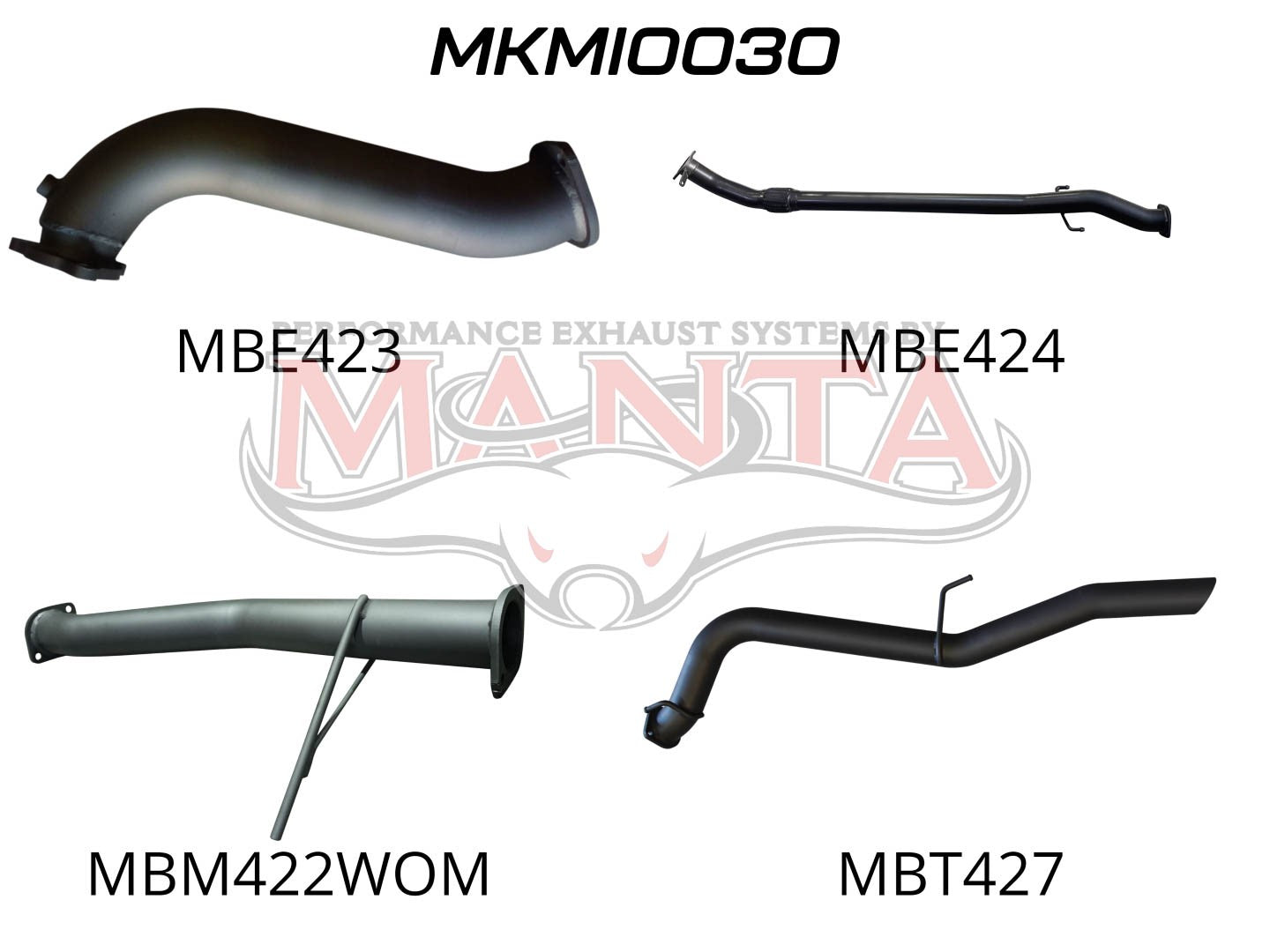 Image showing four exhaust pipes with various designs and alphanumeric labels.
