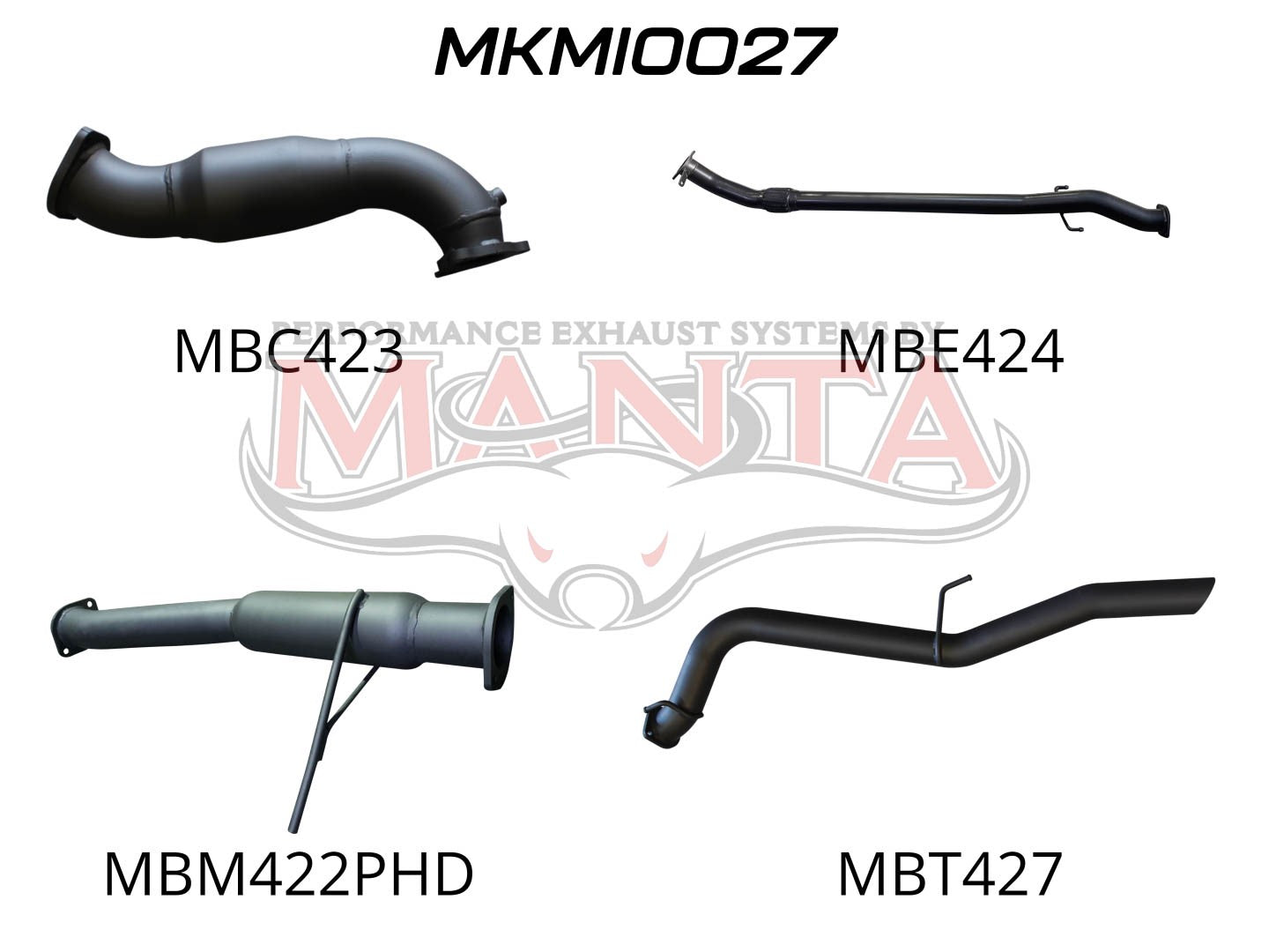 Four differently shaped exhaust pipes, each labeled with alphanumeric tags.