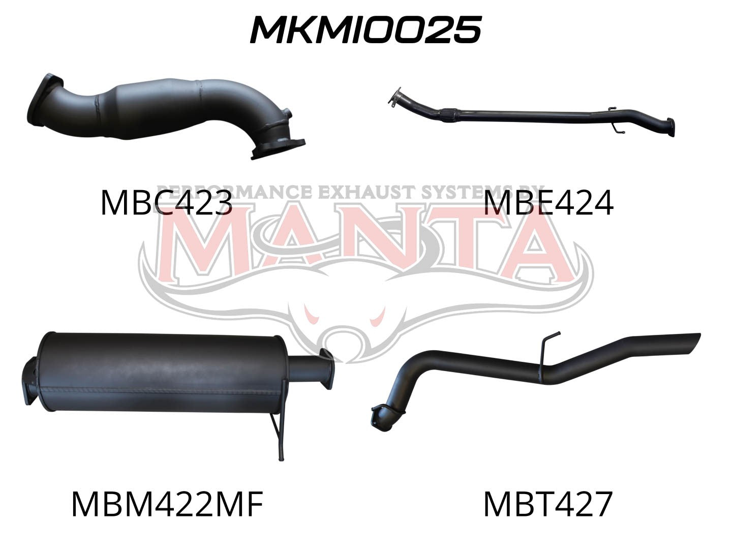 Four uniquely designed exhaust pipes labeled with alphanumeric characters.