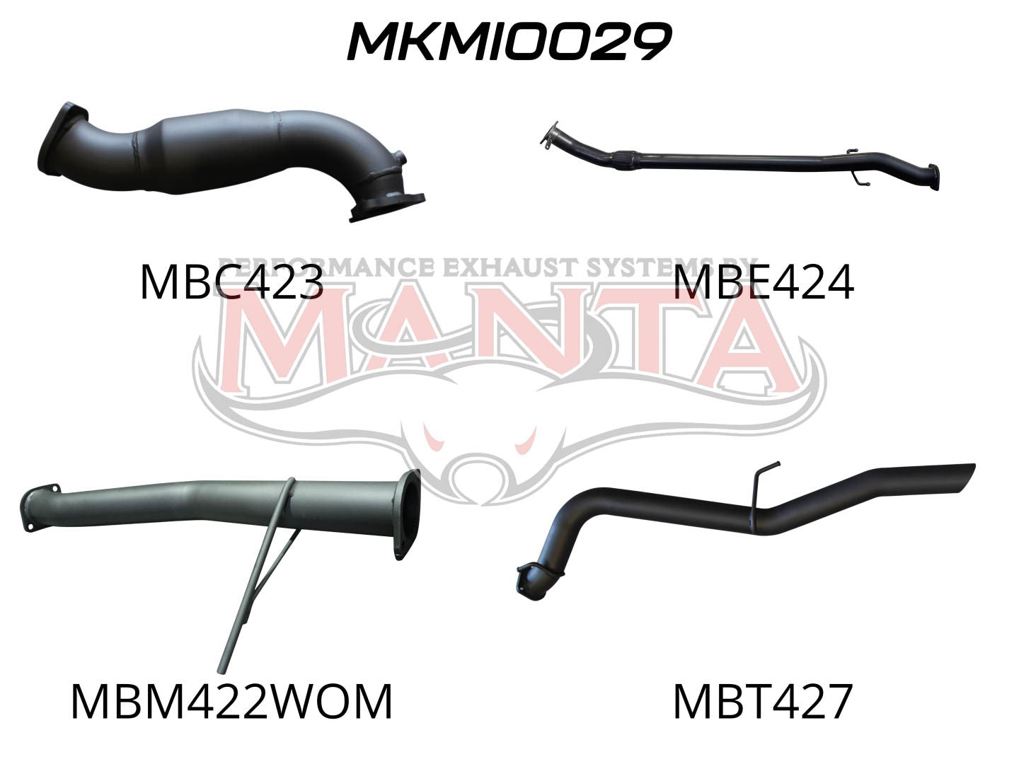 Image displaying four exhaust pipes, each with distinct designs and alphanumeric labels.