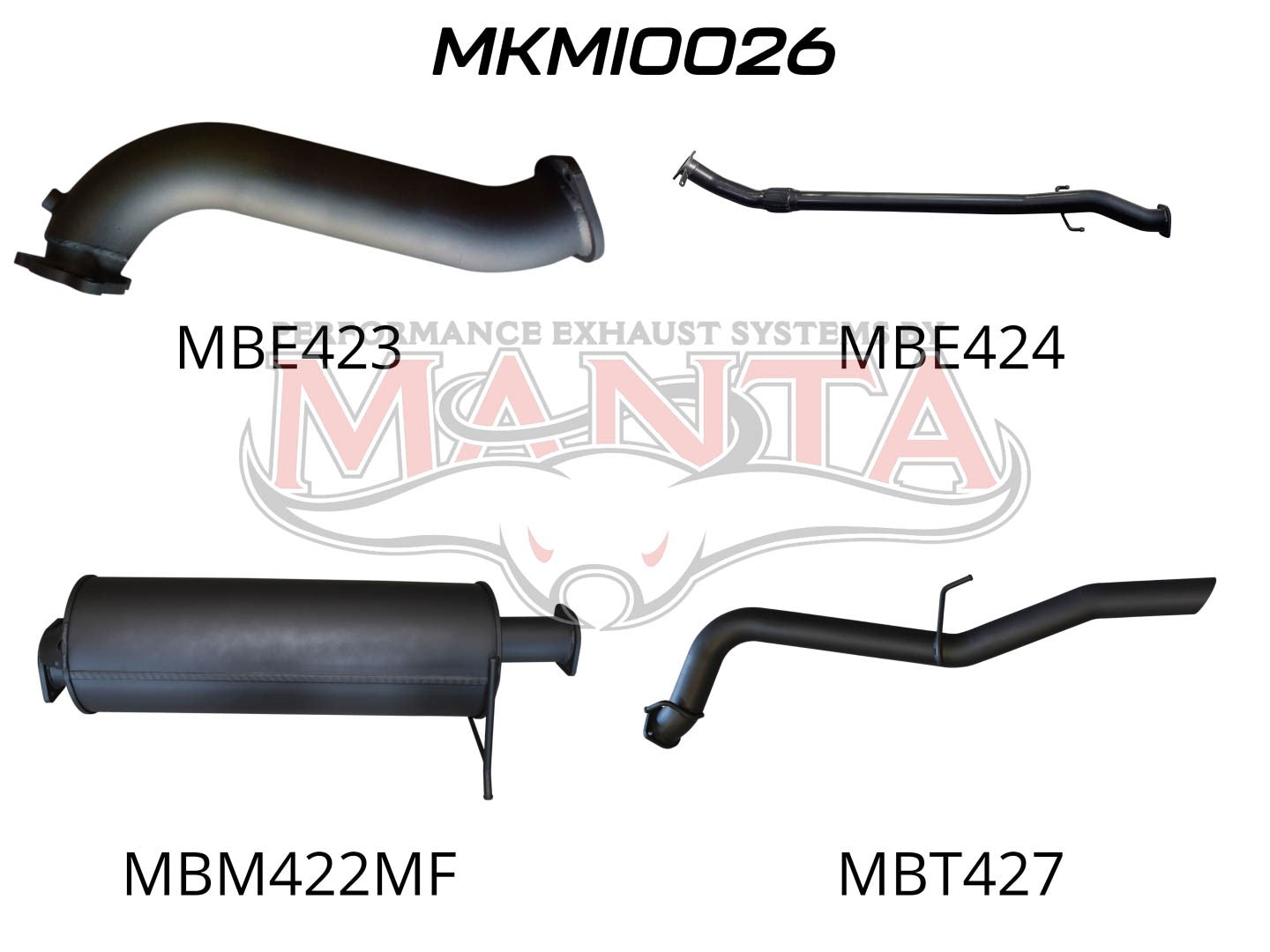 Four exhaust pipes with unique shapes and designs, labeled with alphanumeric characters.