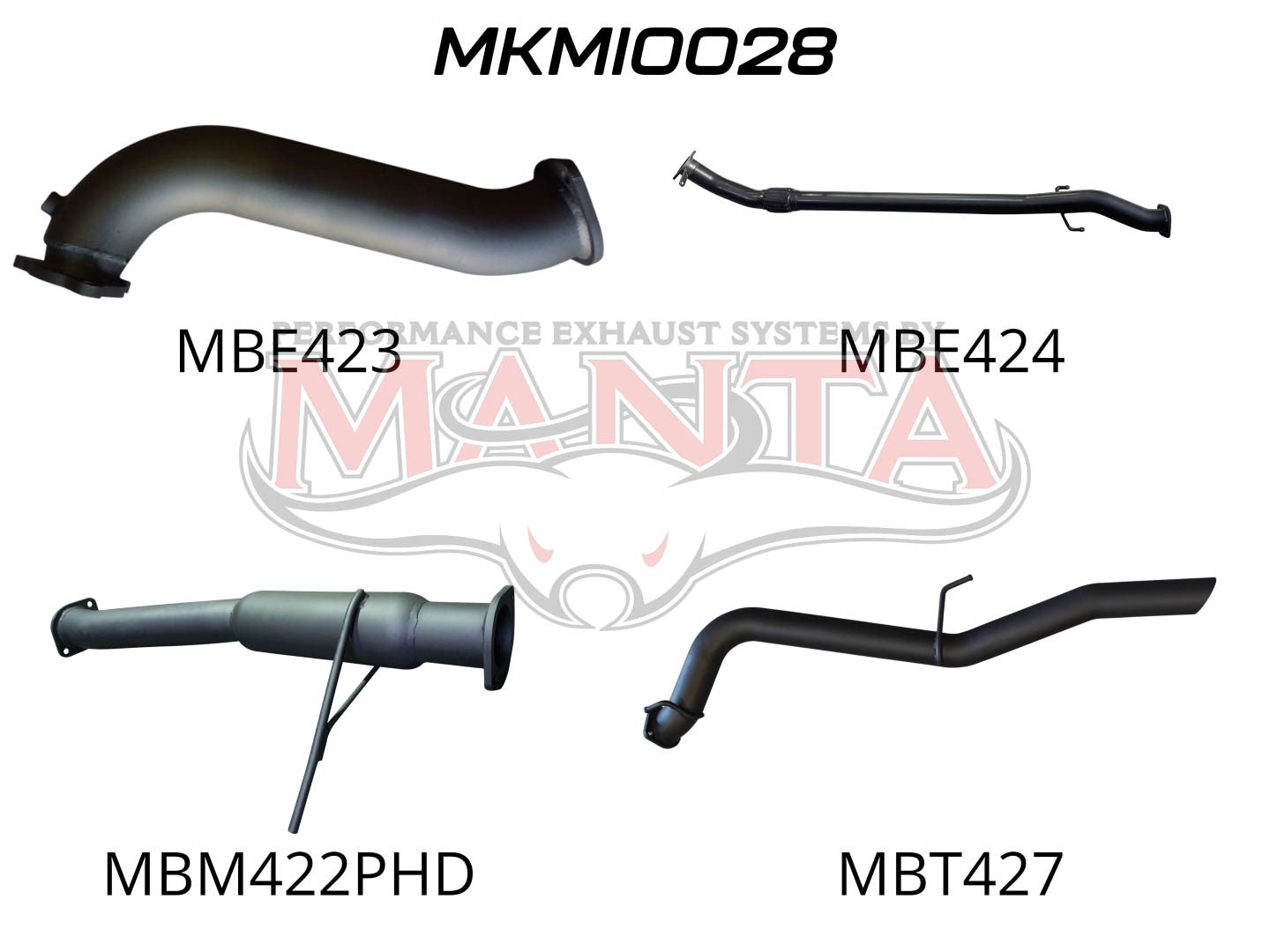 The image shows four exhaust pipes, each uniquely designed and shaped.