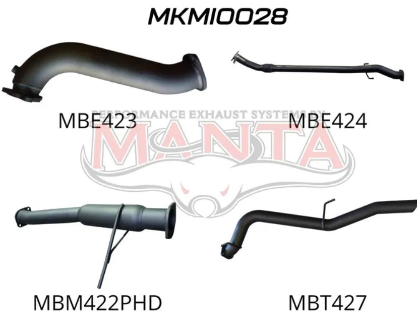 The photo features four distinct exhaust pipes, each with a unique shape and design.