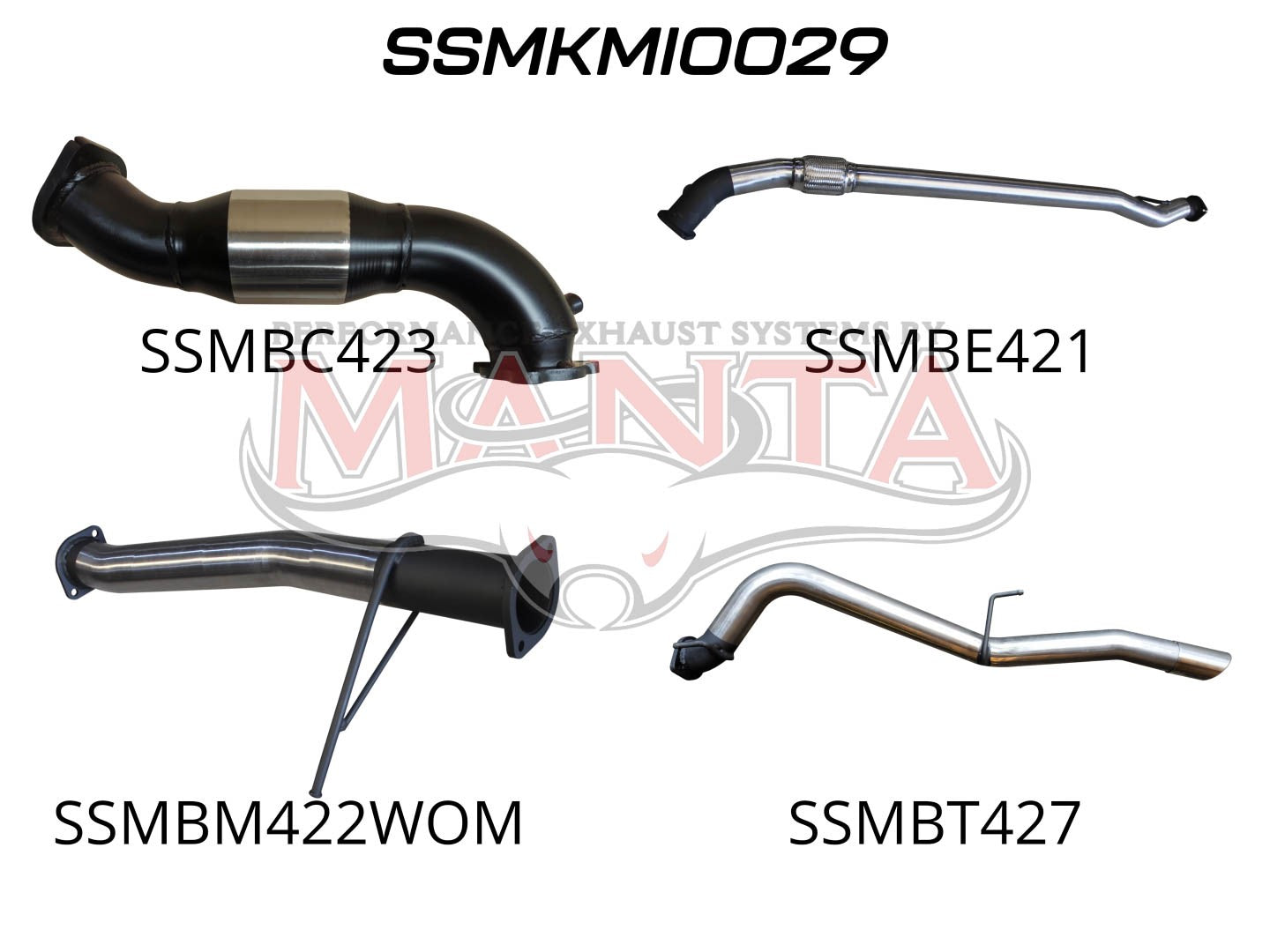 The photo displays four exhaust pipes, each with its own distinctive shape and design.