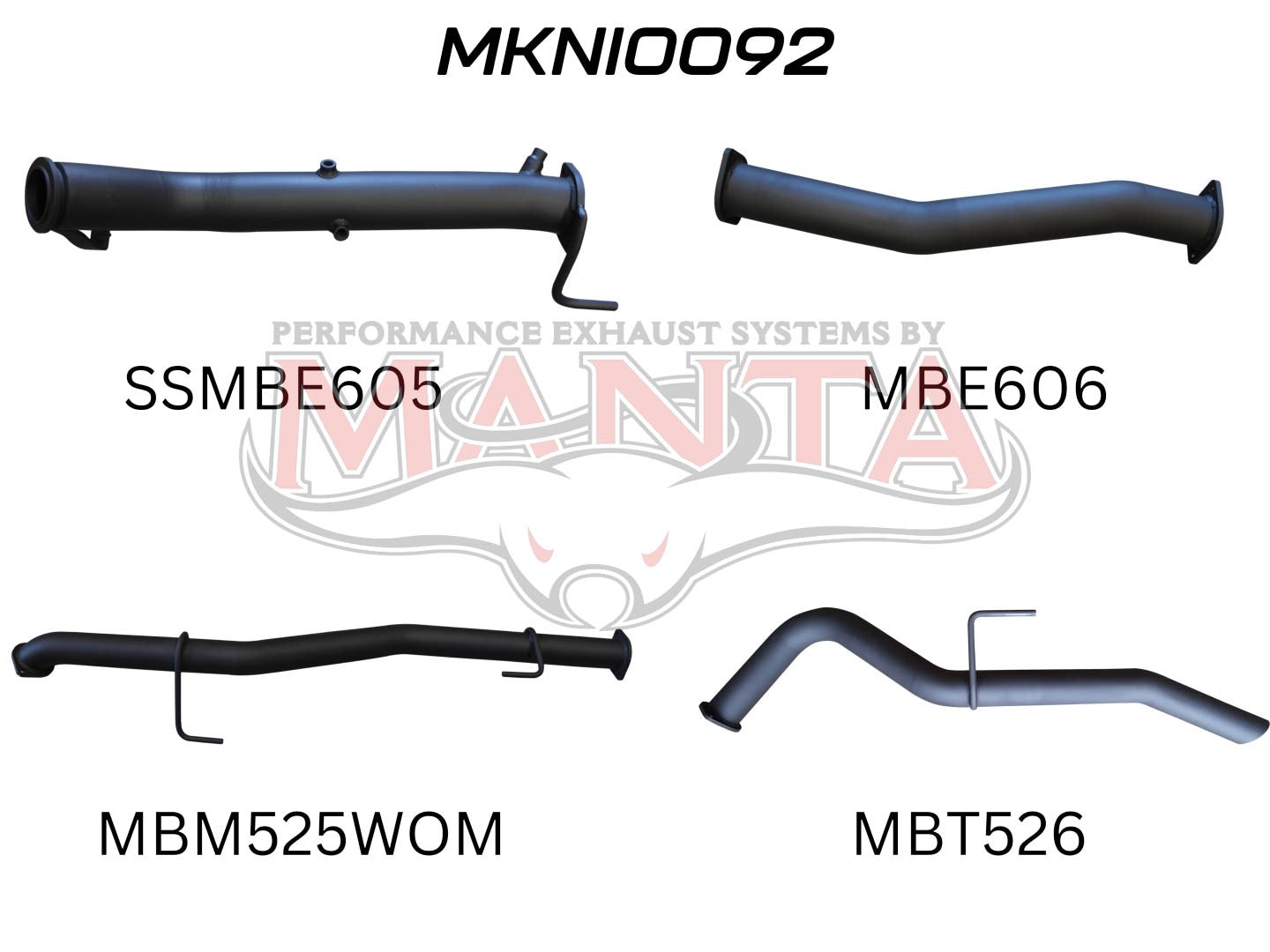 Labeled exhaust pipes with manta logo on white background.