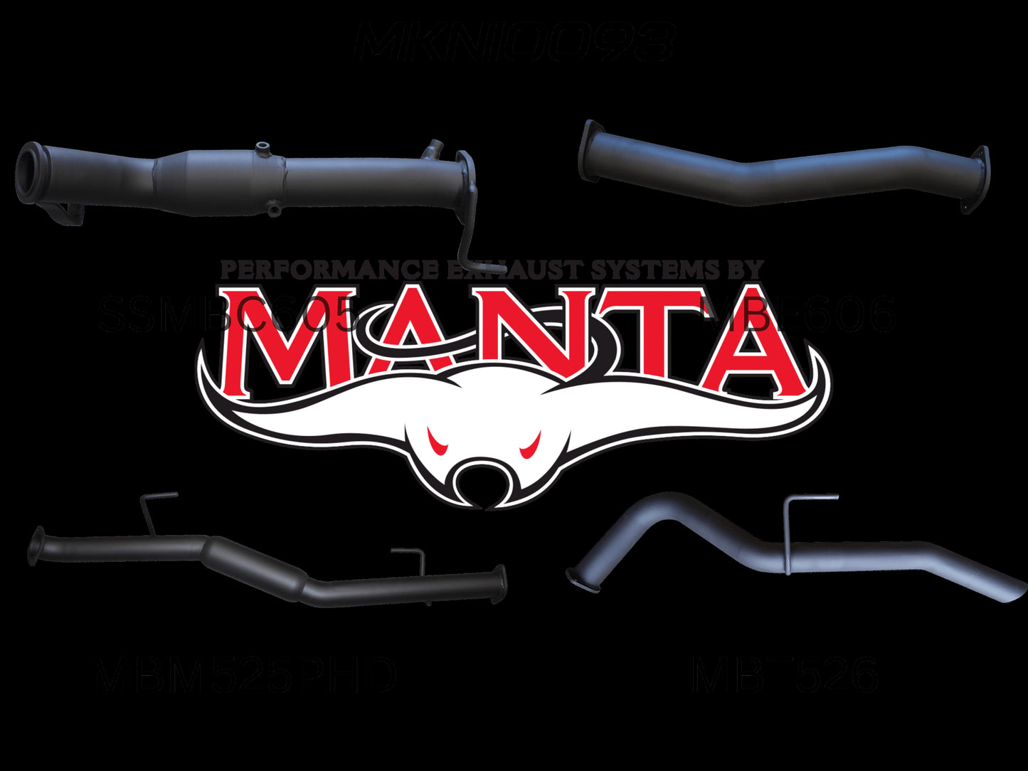 Four uniquely designed exhaust pipes and manta logo on black.