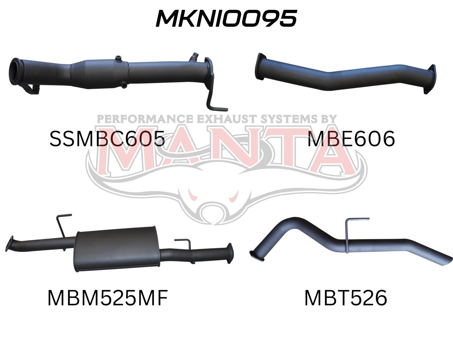 Four exhaust pipes, each distinct, labeled alphanumerically with manta logo overlay.