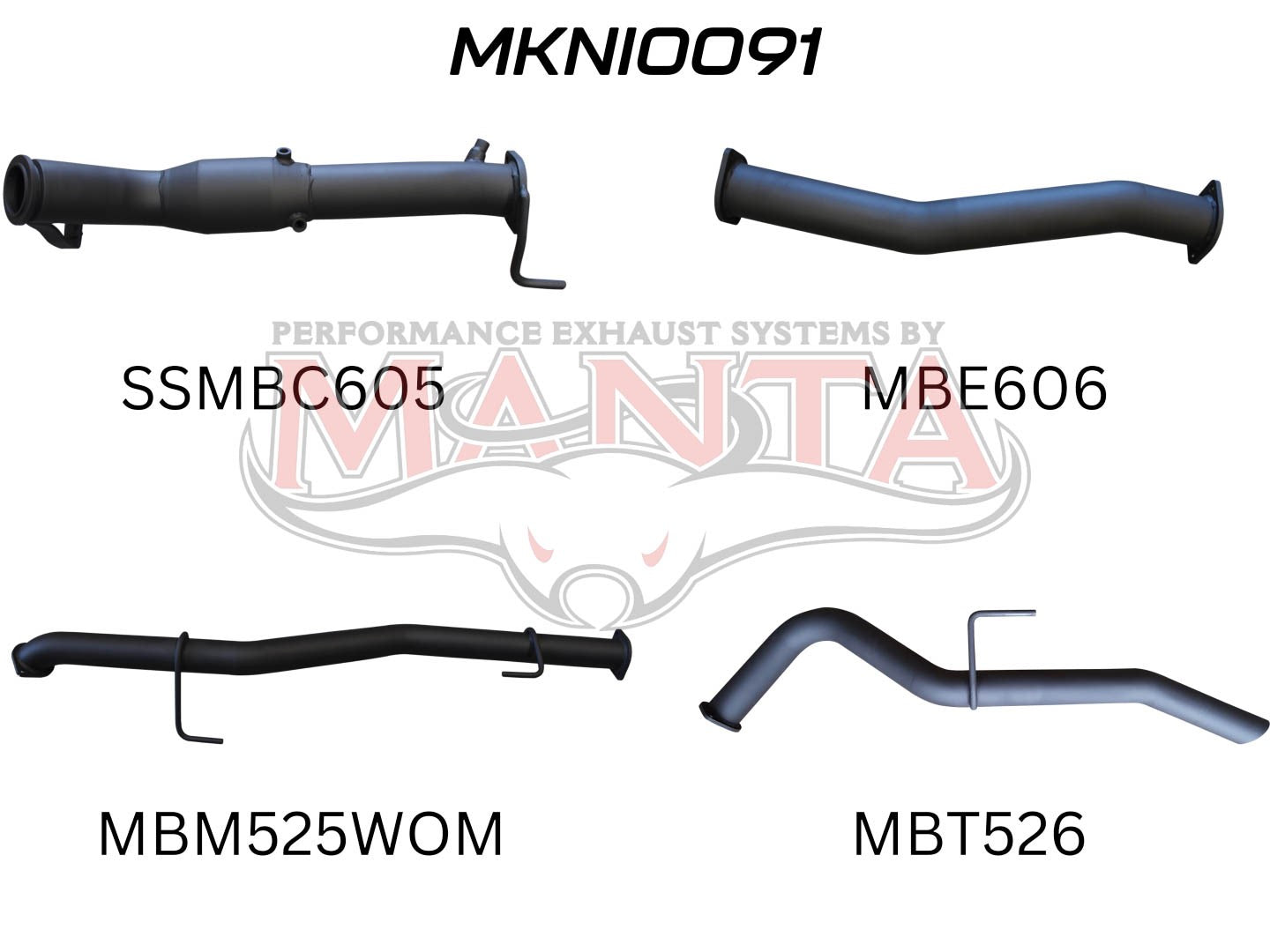 Exhaust pipes with alphanumeric labels and manta logo on white background.