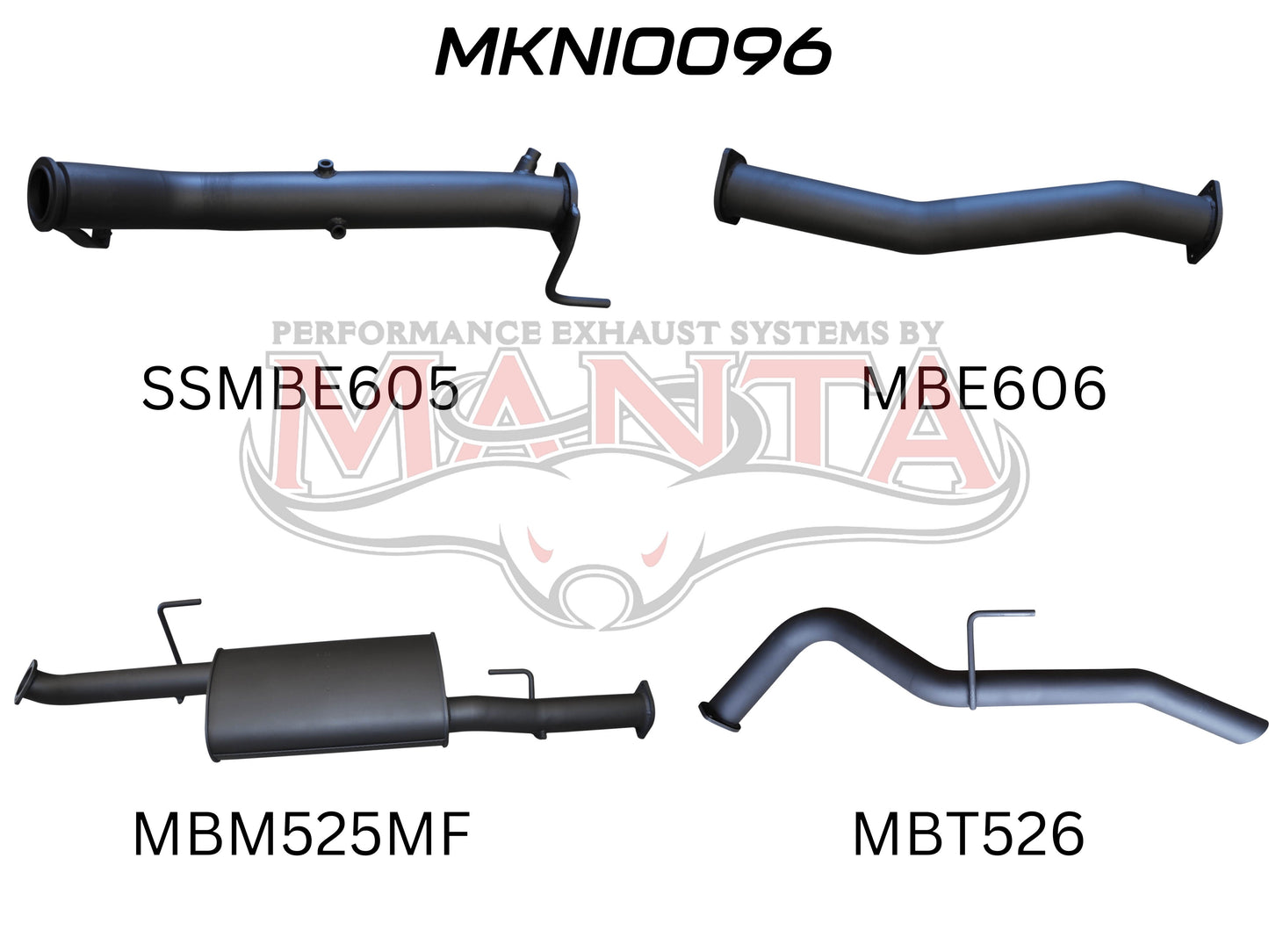 Four unique exhaust pipes labeled alphanumerically with manta logo.