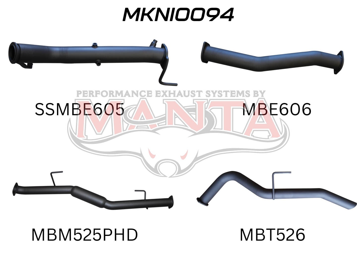 Image of four exhaust pipes, each uniquely designed and labeled with alphanumeric characters.