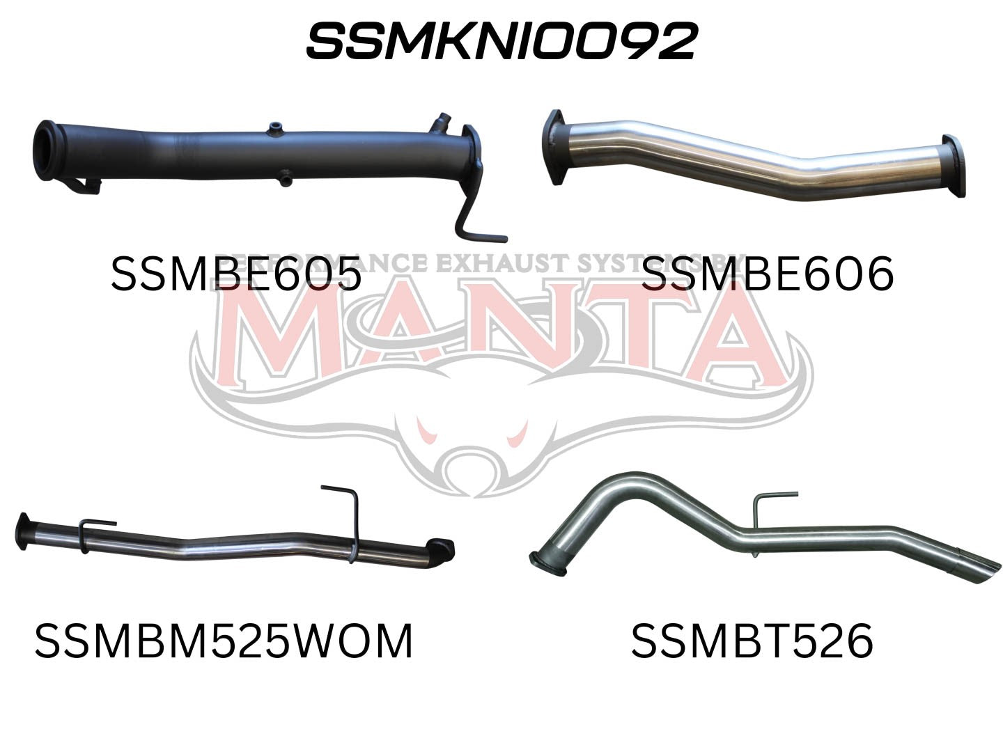 Four exhaust pipes with different shapes, designs, and alphanumeric labels.
