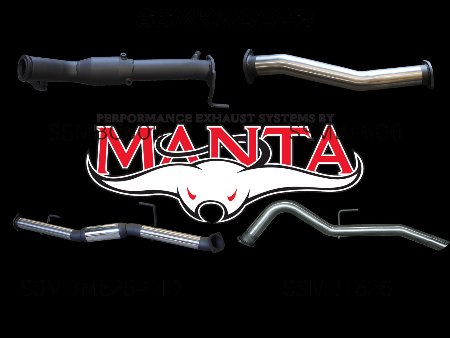 Four unique exhaust pipes labeled alphanumerically with manta logo.
