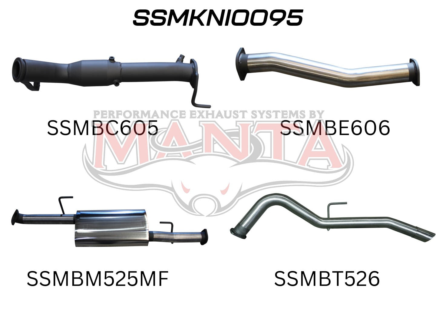 Alphanumerically labeled exhaust pipes with manta logo on white background.