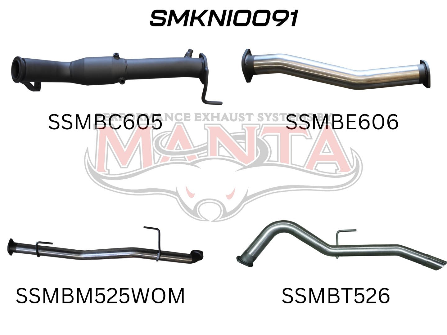 Distinct exhaust pipes with alphanumeric tags and manta logo overlay.