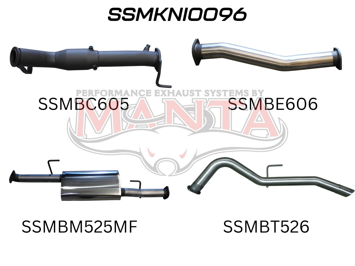 Four exhaust pipes, each having a unique design, labeled with alphanumeric characters.