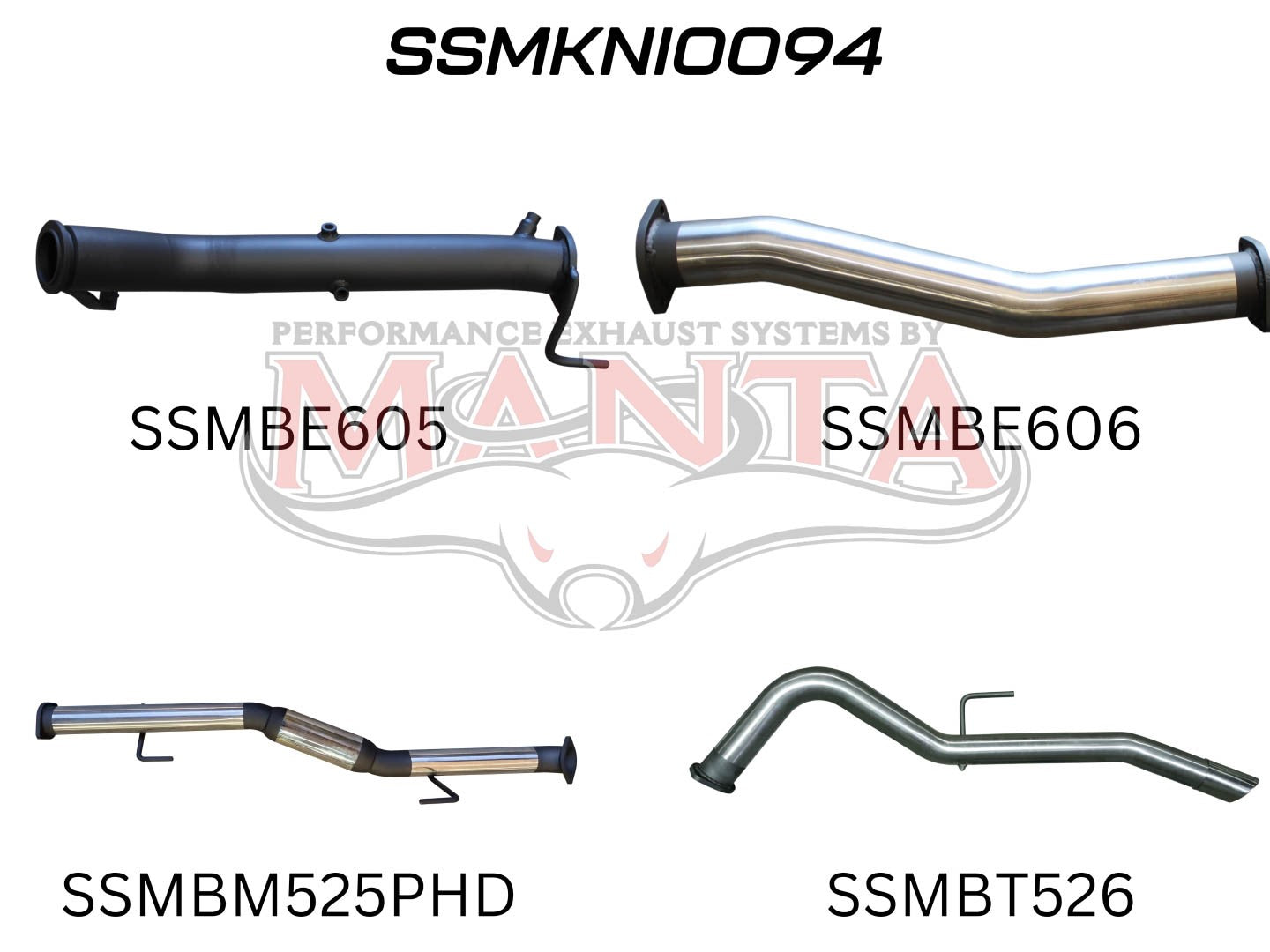 Four uniquely designed exhaust pipes and manta logo on white.