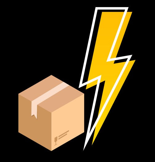 Illustration of a cardboard box next to a stylized yellow lightning bolt 